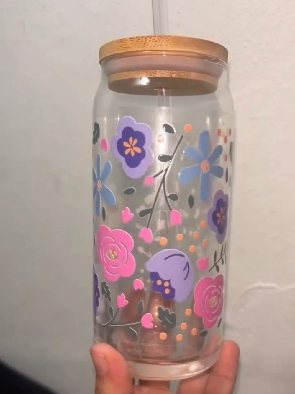 Floral Glass Canister with Bamboo Lid - Pink & Purple